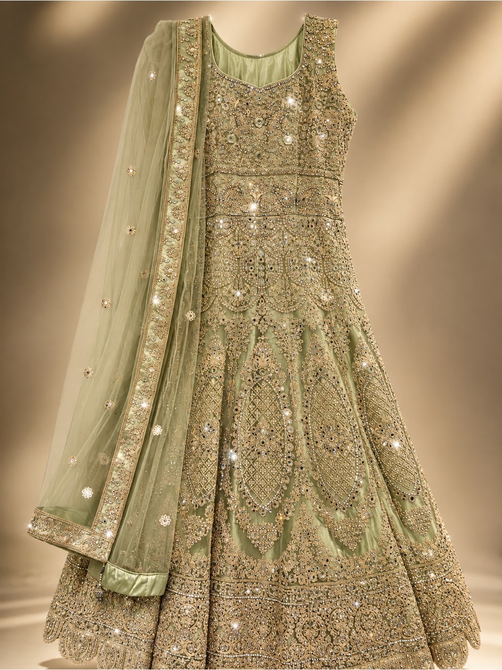 Indian Pakistani Sage Green Embellished Bridal Wed Anarkali Dress with Dupatta